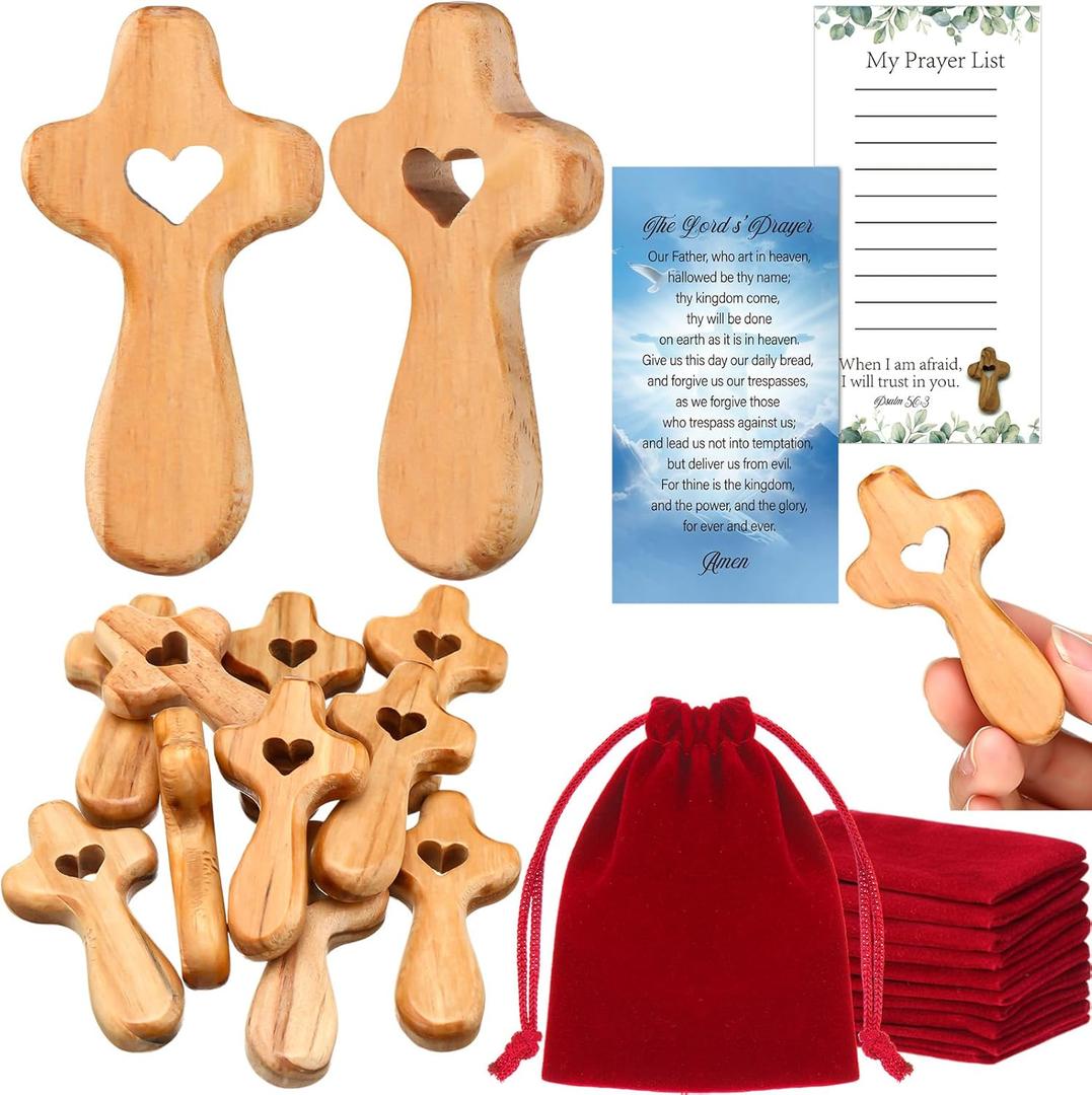 Bucherry 10 Set Olive Wood Cross My Heart Small Pocket Crosses with Bags and Prayer Cards Jesus Christian Holding Hand Crosses Bulk for Christmas Baptism First Communion Gift (Wood,2.36 Inches)