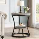 Round End Table, 2 Tier Industrial Side Table, Accent Bedside Table Nightstand with Metal Frame for Living Room, Bedroom, Small Spaces, Easy Assembly, Grey Brown & Black