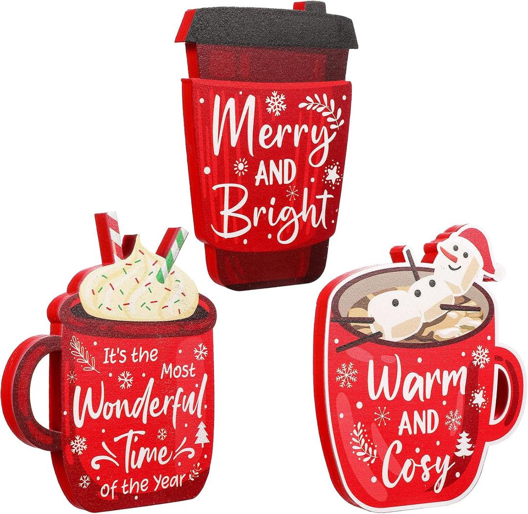 3 Pieces Christmas Tiered Tray Decor Wooden Block Signs Xmas Coffee Hot Cocoa Wood Sign Warm Winter Season Drinks Table Centerpieces Marshmallow Center Snowmen Tabletop Decorations for Holidays