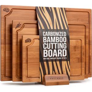 Carbonized Bamboo Cutting Boards  Cutting Board Set of 3 Heat Treated for Rich Color & Lower Moisture Absorption, Chopping Boards with Juice Groove, Non-Toxic, FSC Certified incl. Stand