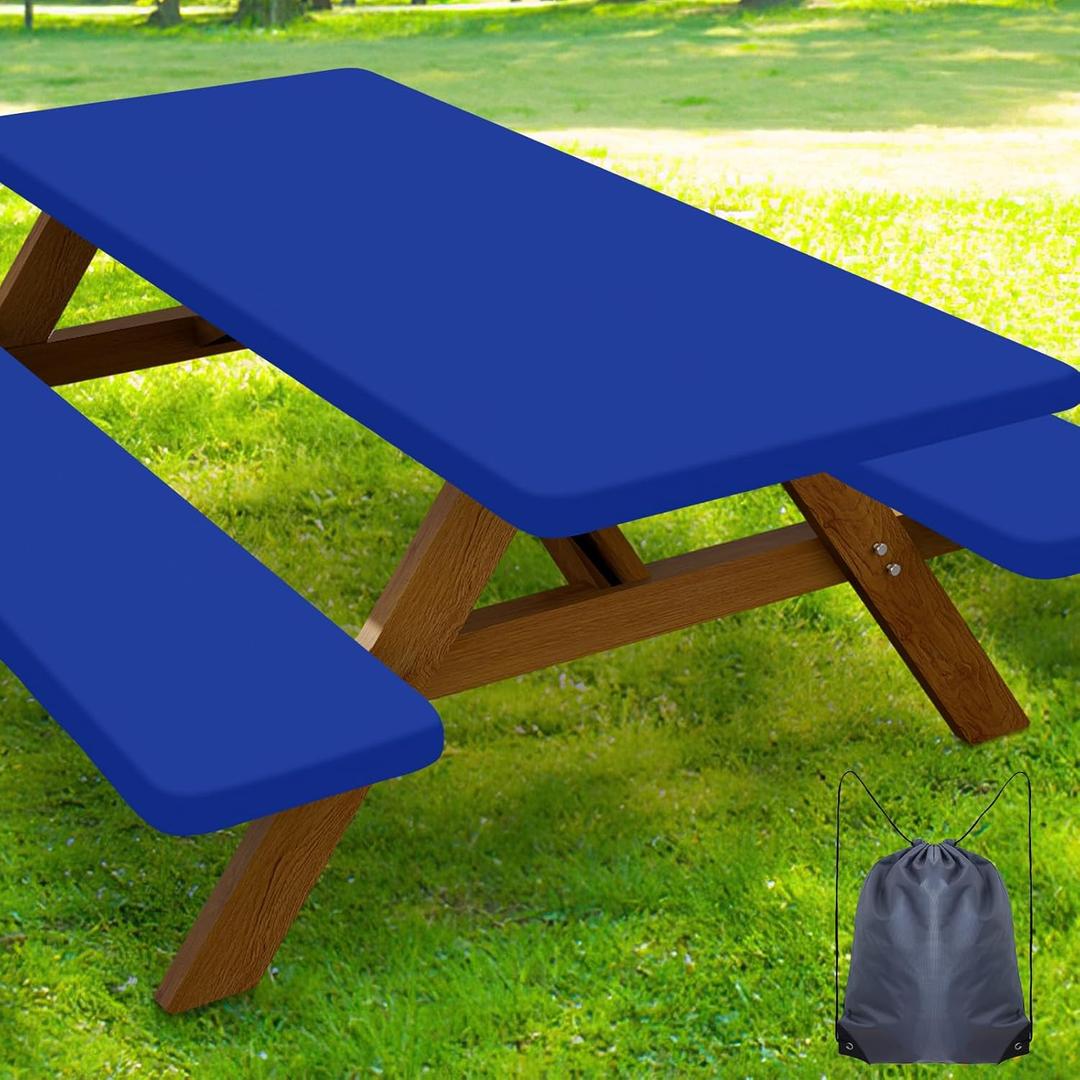 Smiry Picnic Table Cover with Bench Covers, Waterproof Elastic Fitted Polyester Tablecloths for 5 Ft Rectangle Tables, Washable Windproof Tablecloth for Camping, RV & Outdoor (Blue, 30x60 Inches)