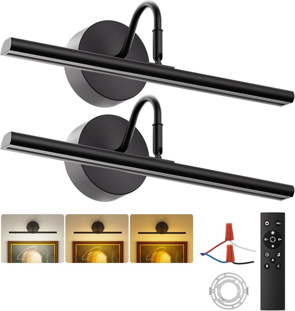 Picture Lights for Wall 16.5" 2PCS Hardwired LED Wall Lights with Remote, CCT Dimmable Art Poster Photo Light for Portrait Painting Artwork, Room Decor, 15W, 2700K-6500K, 1200LM, Black
