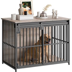HOOBRO Dog Crate Furniture, 36.6" Heavy Duty Dog Kennel with Sliding Barn Door, Wooden Dog Cage Indoor, Decorative Side End Table for Small/Medium Dogs, Greige and Black GY162GW03G1