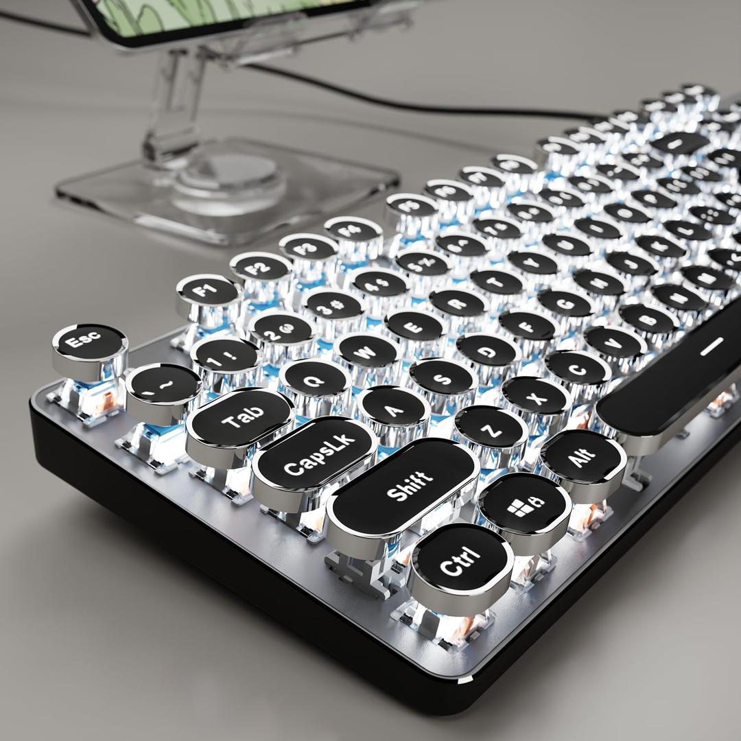 EWEADN TK100 Typewriter Style Wired Mechanical Keyboard, Retro Gaming Keyboard with White Backlit, Blue Switch, 104-Key Anti-Ghosting, Punk Round Keycaps Computer Keyboards for Windows Desktop, Black