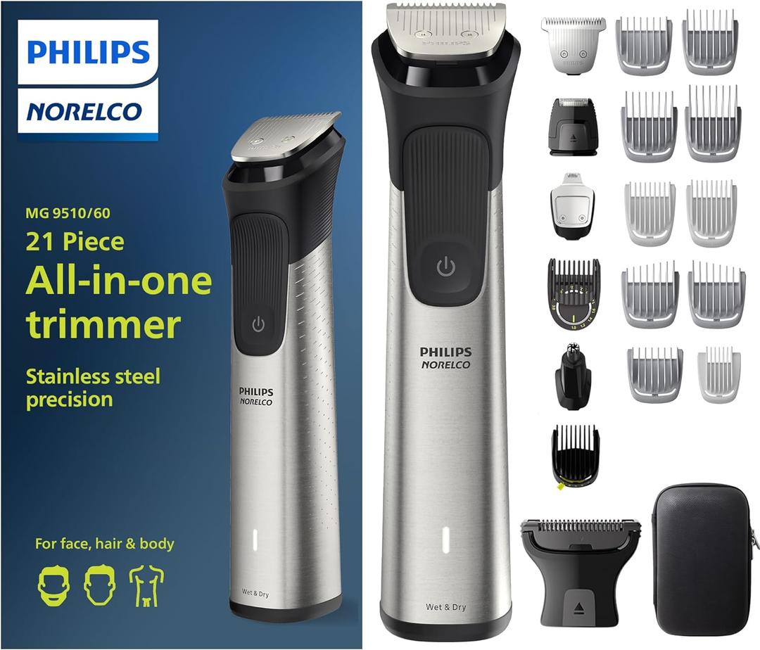 Norelco New Philips Multigroom Series 9000-21 Piece Men's Grooming Kit for Beard, Body, face, Nose, Ear Hair Trimmer w/Premium Storage case, MG9510/60