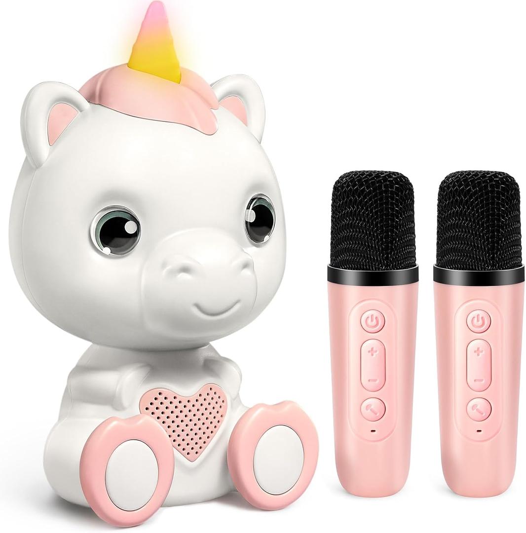 Mini Karaoke Machine for Kids - Unicorn Portable Bluetooth Speakers with 2 Wireless Mic and LED Light, Toddler Karaoke Machine for Girls 3-5 6 8-12 Year Old, Unicorn Birthday Gifts Toys Pink