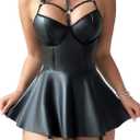 Sexy Strappy Leather Underwire Choker Lingerie Clubwear Dress Nightwear Skirt Babydoll Chemise (Small, 1 Black)