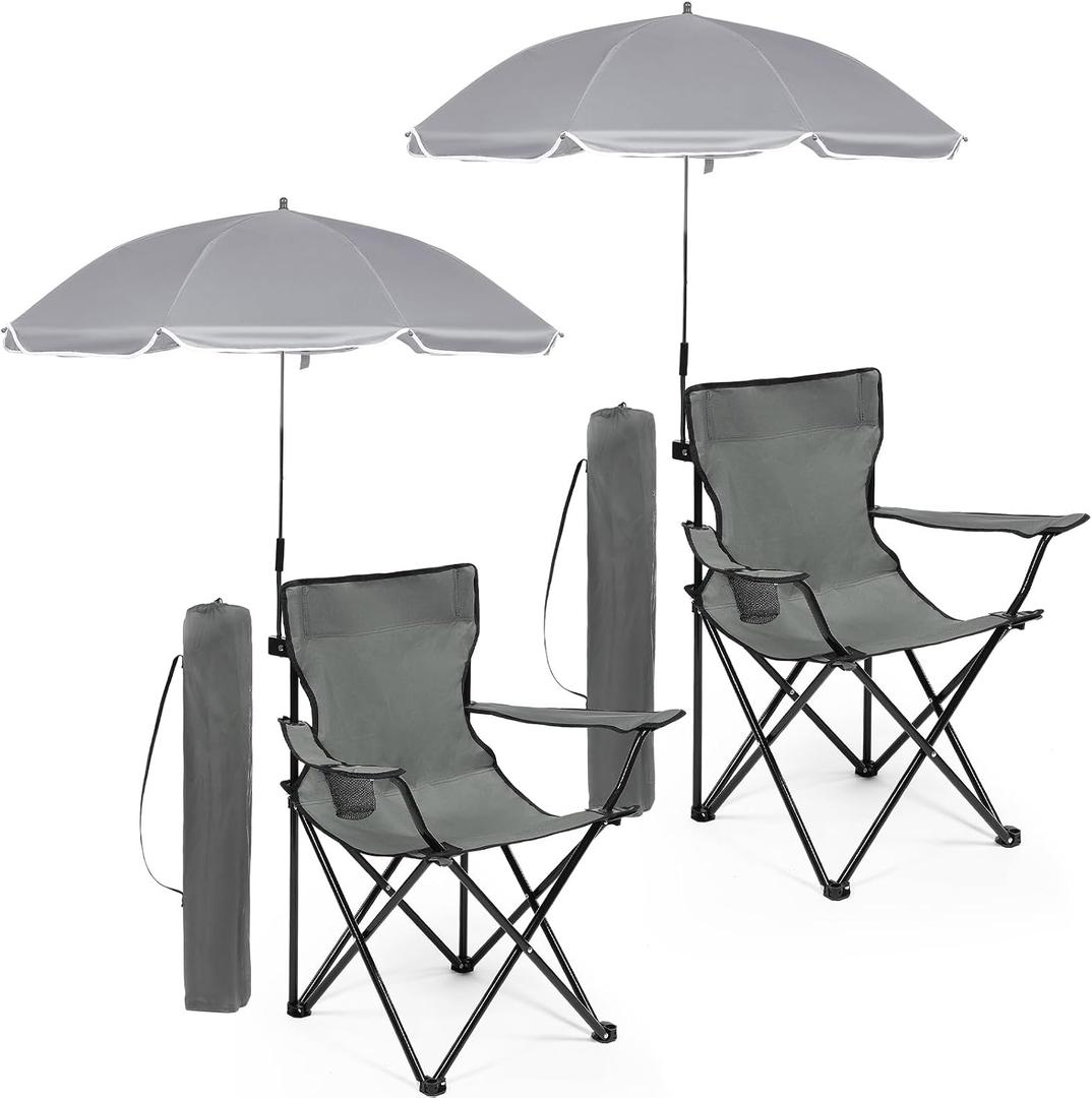 Anglechic 2 Pack Beach Umbrella Chairs Folding Camping Portable Beach Chairs with Canopy Shade Adults with Cup Holder and Carrying Bag for Camping Hiking Travel Picnic Outdoor Events (Grey)