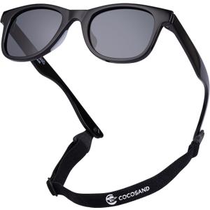 COCOSAND Kids Sunglasses with Strap Polarized Flexible Frame Soft Silicone Nose Pads for Toddler Boys Girls Ages 2-6 (Black With Grey Lens)