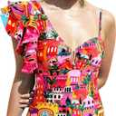SPORLIKE Women One Piece Swimsuit Ruffle One Shoulder Bathing Suit Padded Monokini (X-Large, Castle/Pink)