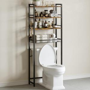 Over The Toilet Storage Rack, Bathroom Organizer with 3 Shelves & Basket, Space Saver Over Toilet Shelf with Adjustable Hooks, Rustic Brown and Black