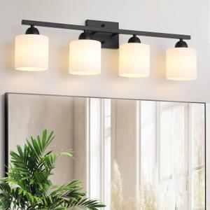 Mecgirn Milk Glass Vanity Lights for Bathroom, 4 Light Matte Black Bathroom Light Fixtures Over Mirror, Ceramic E26 Sockets Wall Mounted