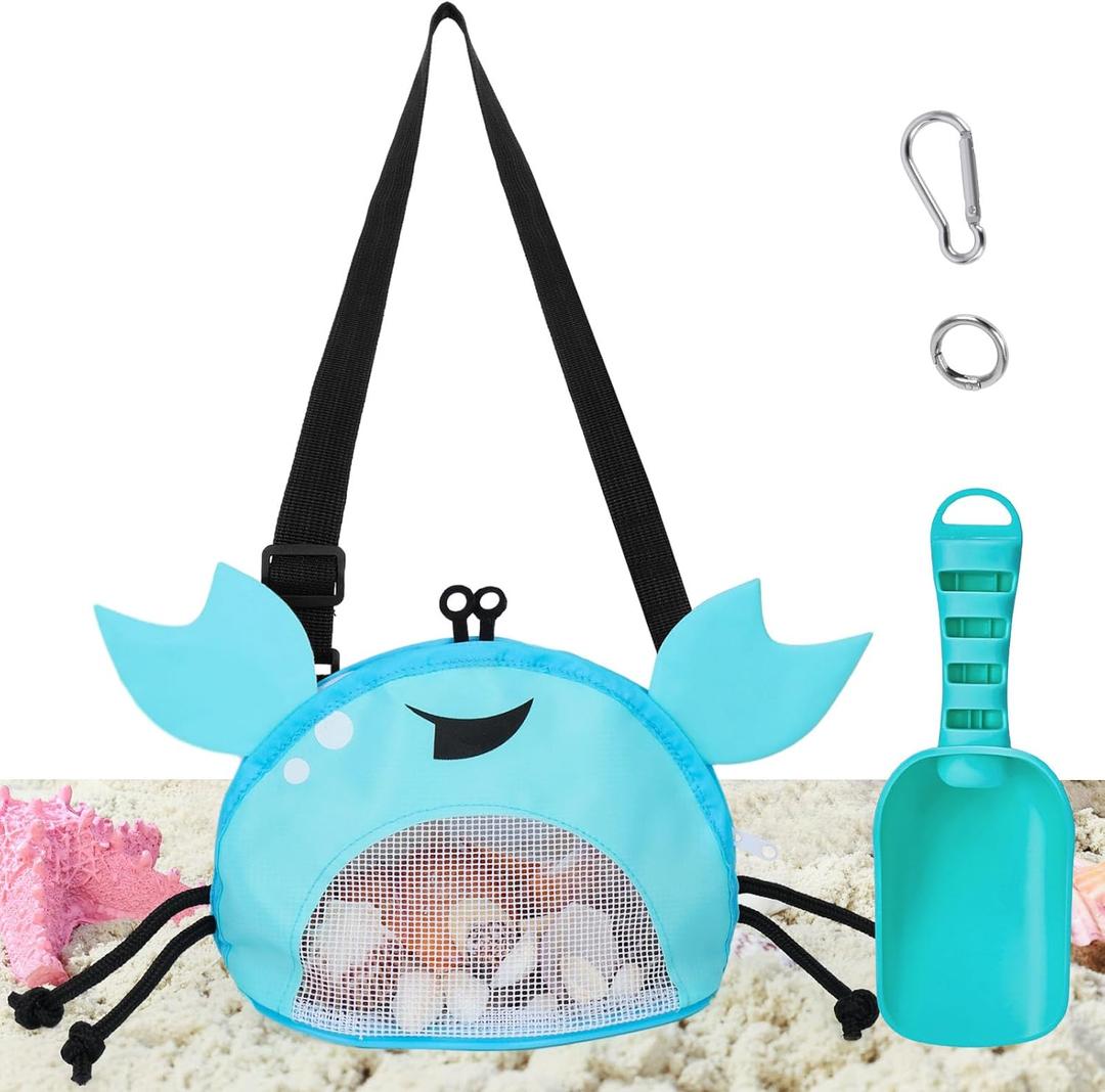 2 x AMOR PRESENT Mesh Baby Beach Bag, Shell Collecting Bag with Shovel Crab-Shaped Adjustable Strap for Holding Shell Sea Pool Sand Toy, Blue