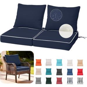 24X24-2set,Outdoor Chair Cushions, 30D High-Density Foam Patio Chair Cushions, Water-Resistant UV 2000H Color Fastness Outdoor Seat Cushions for Patio Furniture Sofa,Navy Blue + White Piping