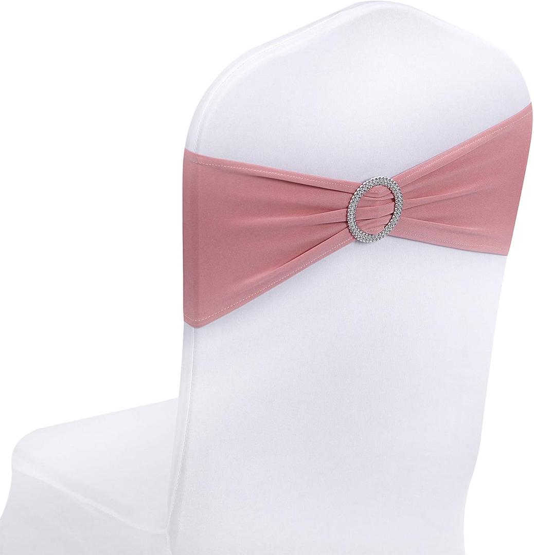 Peomeise 100pcs Dusty Pink Spandex Chair Sashes with Buckle Slider for Wedding, Party Decoration