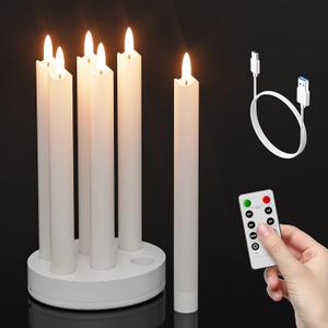 Rechargeable Flameless Taper Candles with Charging Station, Real Waxy LED Candle Flickering with Remote&Timer, 3D Flame Battery Operated Candlesticks for Home Wedding Christmas Dcor (White)