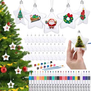 36 Pcs 3.15'' Christmas Blank White Star Ornaments for Crafts Paintable Flat Plastic Ornaments to Decorate with Painting Set for Make Your Own Xmas DIY Decor