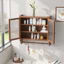 Double Glass Door Wood Wall Cabinet with Detachable Shelves,Brown, Large