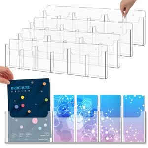 Sherr 4 Pcs Acrylic Brochure Holder Wall Mount with Removable Adjustable Dividers, 6/ 3 Pockets Large Capacity Literature Display Stand for 4''x 9'', 8.5''x11'' Pamphlets, 26.7''x7'' for Office Hotel