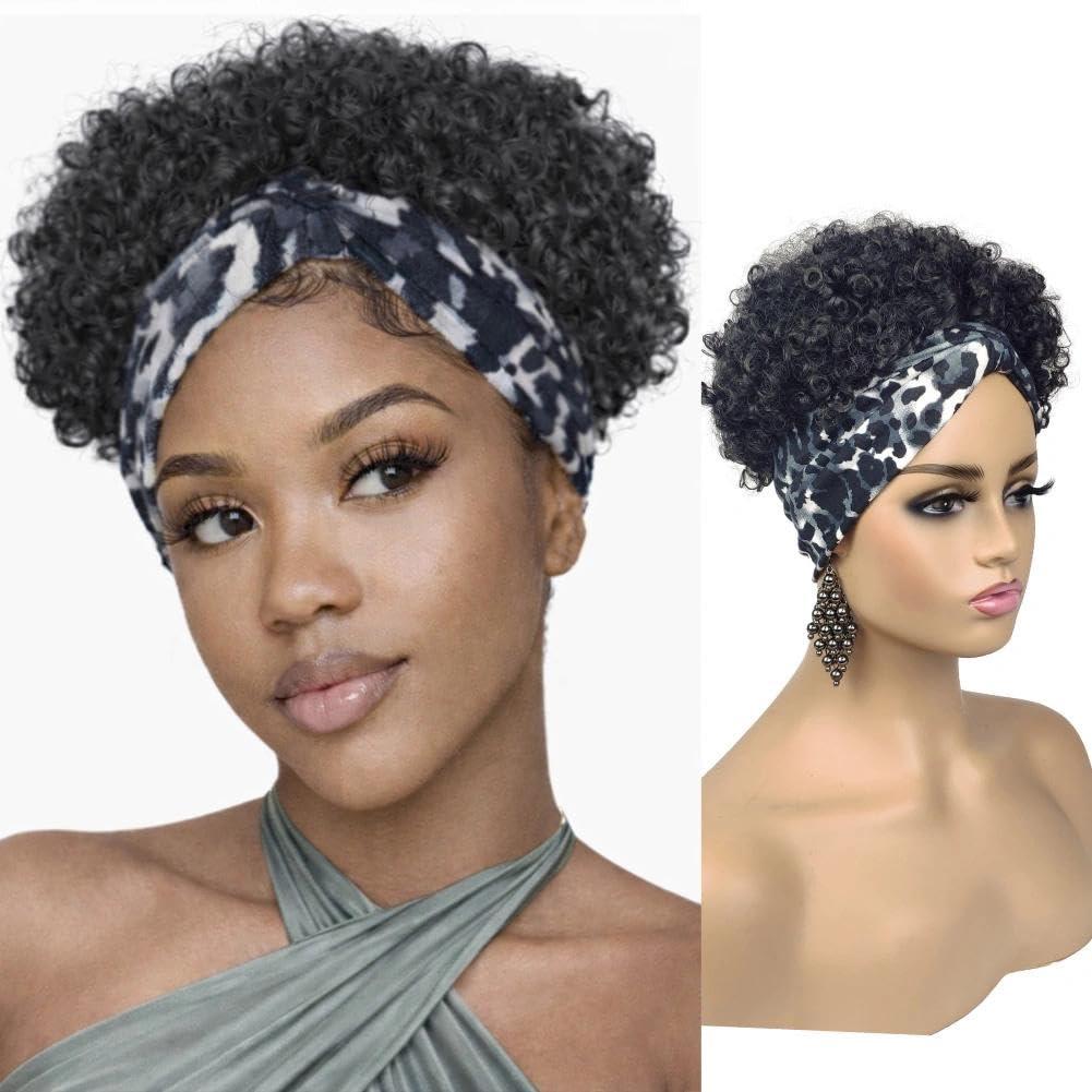 Short Afro Wigs for Black Women Afro Kinky Curly Wigs with Headbands Attached No Drawstring Leopard Short Headband Afro Puff Wigs for Black Women
