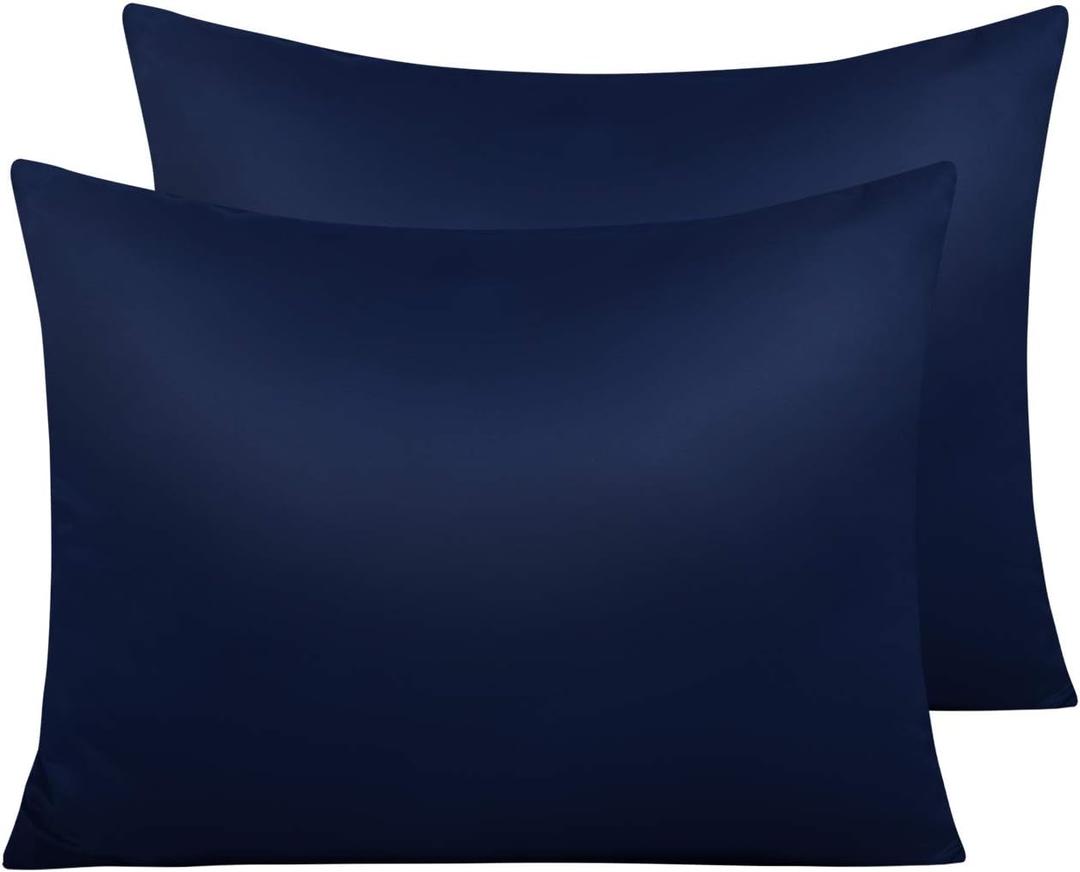 NTBAY Zippered Satin Pillow Cases for Hair and Skin, Luxury Standard Hidden Zipper Pillowcases Set of 2, 20x26 Inches, Navy Blue