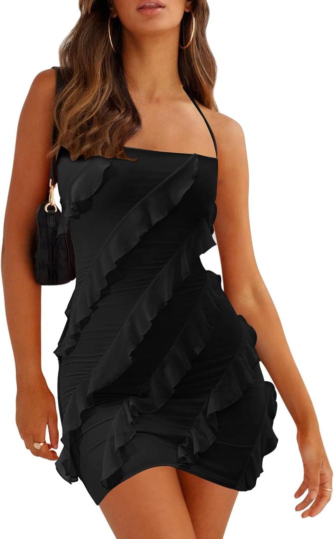 oten Women's Sexy Halter Backless Spaghetti Strap Sheath Bodycon Ruffle Cocktail Club Party Mini Dresses (Black) S oten Women's Sexy Halter Backless Spaghetti Strap Sheath Bodycon Ruffle Cocktail Club Party Mini Dresses (Black) S