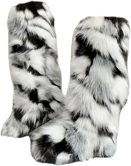 UOQAPRE Faux Fur Boots for Women Snow Boots Fuzzy Leg Warm Boots Furry Mid-Calf Boots Warm Comfortable Outdoor Flat Shoes, US 11.5M 10.5W