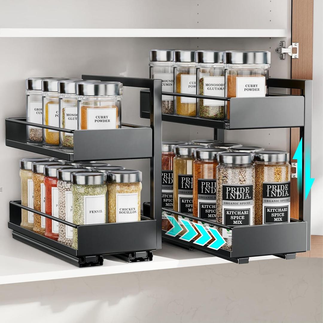 iSPECLE Pull Out Spice Rack - 2 Pack Peel and Stick No-Drill Vertical Spice Racks for Inside Cabinet Easy Access No Digging, Adjustable Height for 4oz to 8oz Spice Jars, For Kitchen Pantry Cabinet