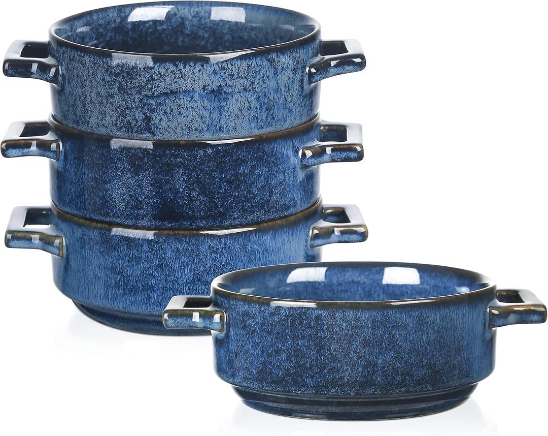 vicrays Ceramic Soup Bowls with Handles, 24 Oz Porcelain Soup Crocks for French Onion Soup, Cereal, Beef Stew, Chill, Pasta, Pot Pies, Microwave and Oven Safe, Set of 4 (Blue)
