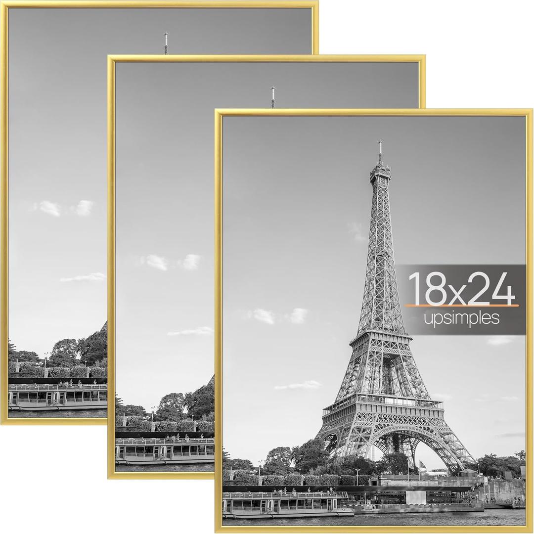 upsimples 18x24 Picture Frame Gold 3 Pack, Scratch-Proof Poster Frames 18 x 24 for Photo Gallery - Slide-In Strips, Horizontal or Vertical Wall Mounting