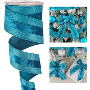 HUIHUANG Turquoise Velvet Wired Ribbon with Glitter Stripe Edges 2.5 inch Truquoise Blue Christmas Ribbon for Trees, Bows Making, Wreath Supplies, Gift Wrapping, Garland, Home Decor, Crafts -10 Yards