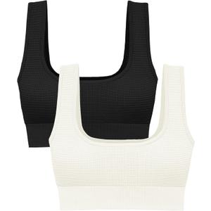 Square Neck Padded Sports Bra, Push Up Sports Bra for Women, Cute Comfy Seamless Scoop U Back Low Impact Workout Gym Yoga Bra (Large, Black, Cream)