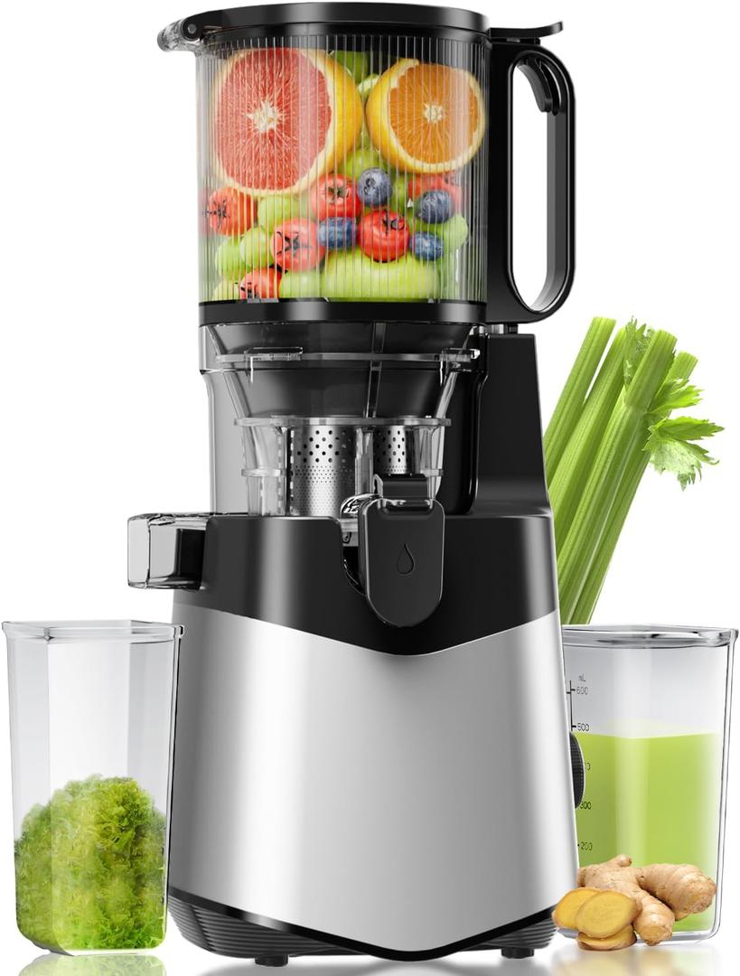 Cold Press Juicer, 5.3" Extra Large Feed Chute Fit Whole Fruits & Vegetables, 350W Slow Masticating Juicer Machines, Easy to Clean, High Juice YieldSilver