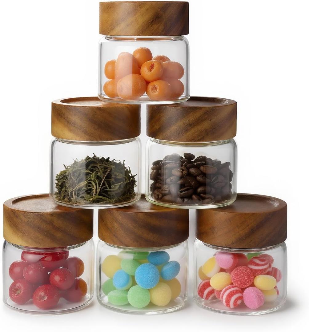 6-Pack 6 fl oz Airtight Food Sealed Jars with Acacia Wood Lids - Glass Meal Prep Containers for Overnight Oats, Snack Storage, Chia Pudding, Pantry Organization Essentials