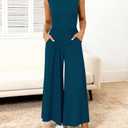 BTFBM Womens Casual Jumpsuits Dressy 2026 Spring One Piece Outfits Crew Neck Sleeveless Knit Wide Leg Pants Romper Beach(Dark Blue, XX-Large) (Blue, XXL)