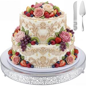 Wenqik 20 Inch Silver Cake Stand Set Metal Round Cupcake Dessert Stand with Cake Cutting, Spatula Wedding Cupcake Pastry Display Candy Holder Display for Wedding Party Birthday Baby Shower(Classic)