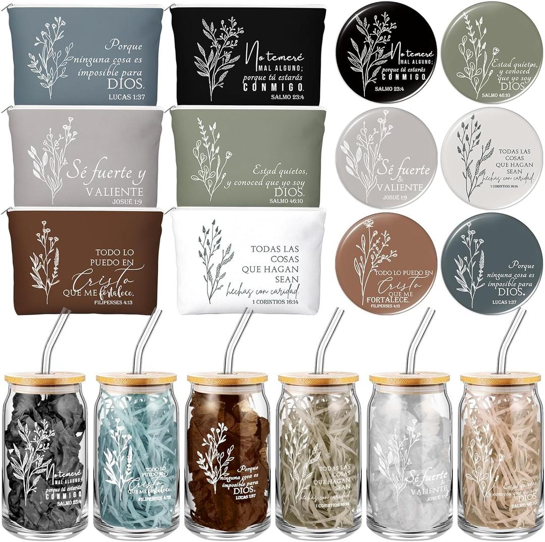 Fumete 6 Set Christian Gifts Religious Makeup Bag Bible Verse Glass Coffee Cup with Bamboo Lid Straw Mini Christian Compact Mirror 