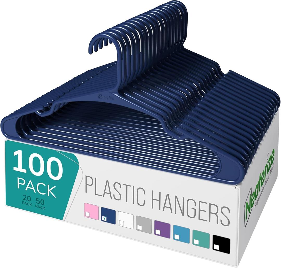 NEATERIZE Clothes Hangers Plastic 100 Pack for Adults - Plastic Hangers, The Perfect Coat Hanger and Space Saving Clothes Hangers for Closet, Percheros Ganchos para Colgar Ropa Hangars - Navy Hangers