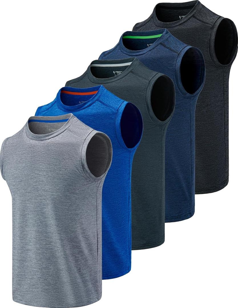 Liberty Imports Pack of 5 Men's Stretch Cool Dry Muscle Tank Tops Athletic Crewneck Sleeveless Workout Shirts (Heather Blue/ Navy/ Black/ Charcoal/ Light Gray, Small)