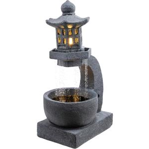 Alpine Corporation DIG370 31" Outdoor Zen Pagoda Water Fountain with LED Lights & Illuminated Stone Bowl  Tranquil Garden Water Feature for Relaxation and Ambiance, Gray