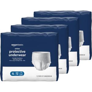 Amazon Basics Unisex Protective Underwear, Overnight Absorbency with Odor Protection, Soft, Extra Large, 48 Count (4 Packs of 12)