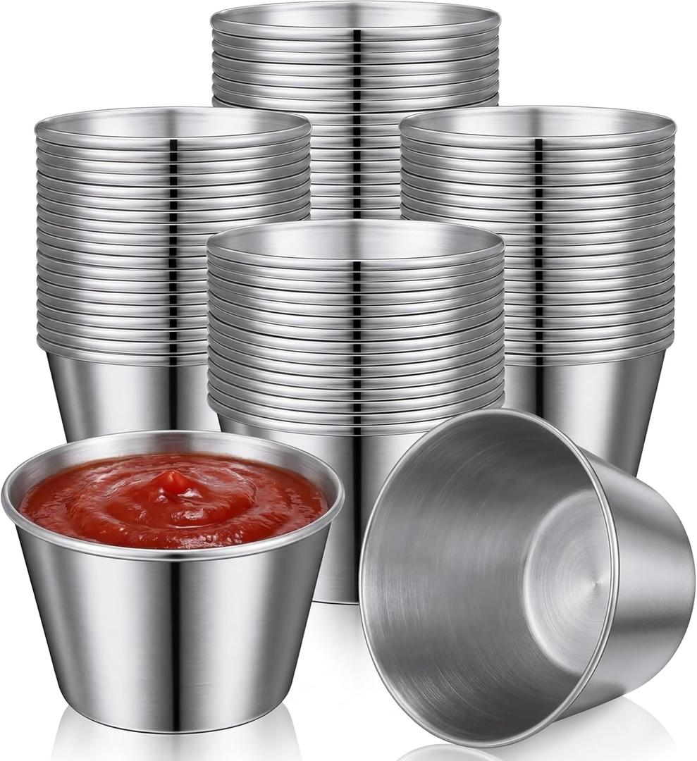 Potchen 100 Pcs 2.5oz Metal Ramekins Sauce Cups Bulk Stainless Steel Condiment Cups Round Dipping Bowls Small Reusable Sauce Container Individual Portion Cup for Butter Dressing Restaurant Kitchen BBQ
