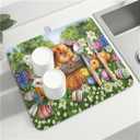 Easter Bunnies Eggs Dish Drying Mat for Kitchen Counter,Spring Colorful Flowers Drying Mat 16 x 18 Inch with High Absorbent Microfiber Drainer Mat for Coffee Bar