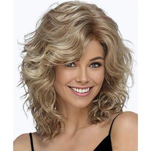 SEVENCOLORS Medium Length Blonde Curly Wigs for White Women Short Layered Wavy Bob Wigs Synthetic Hair Blond Wigs for Daily Party Cosplay