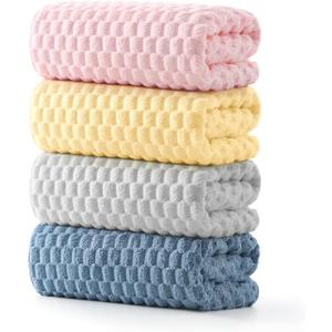 REDKISS 4 Pack Microfiber Bath Towels - Extra Large, Super Absorbent, Quick Dry Waffle Towels Set for Bathroom, Spa, Gym, and Travel - Luxury, Plush, 4 Multicolor (Pink+gray+yellow+blue)