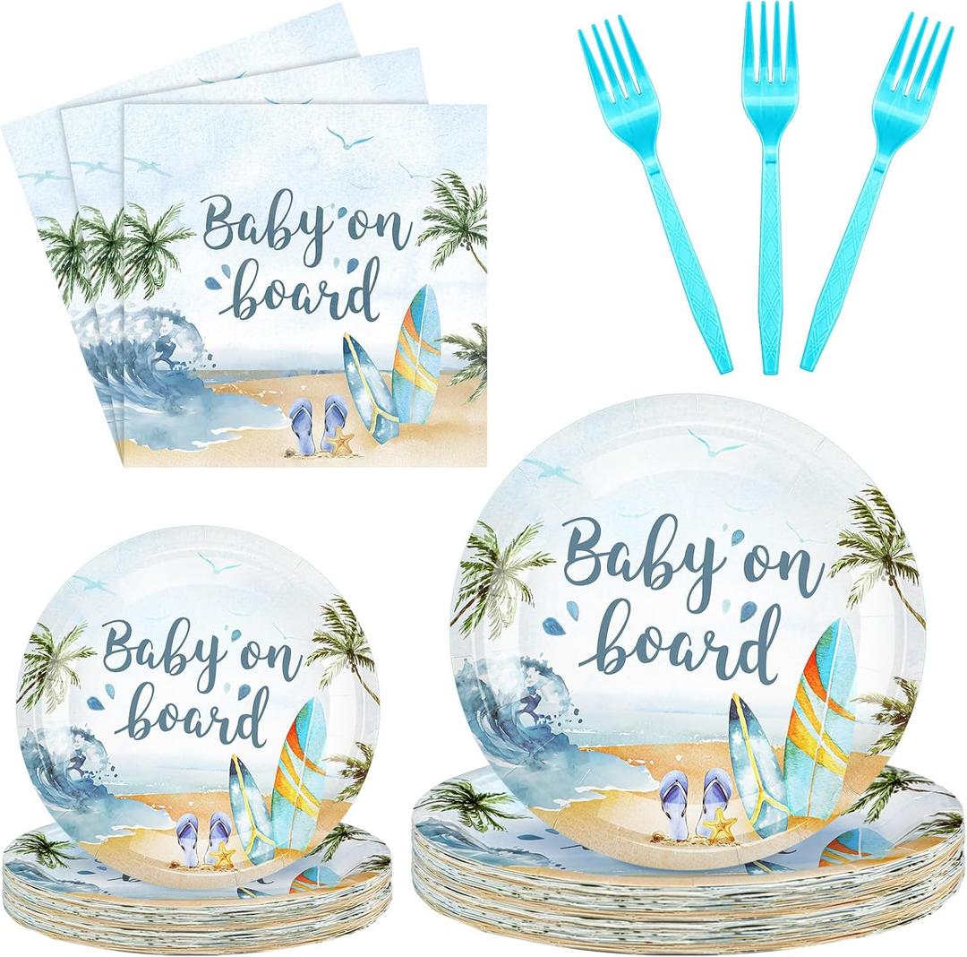 Sunnyray 96 Pieces Baby Shower Plates and Napkins Party Decorations Supplies Baby Shower Party Dessert Plates Napkins Forks for 24 Guests(Baby on Board)
