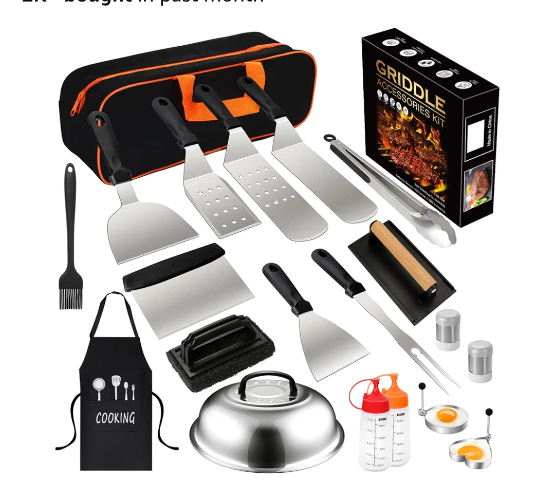 20PCS Griddle Accessories Kit, Flat Top Grill Accessories Set for Blackstone and Camp Chef, Grill Spatula Set with Enlarged Spatulas, Basting Cover, lron Smash Burger Press for Outdoor Barbecue
