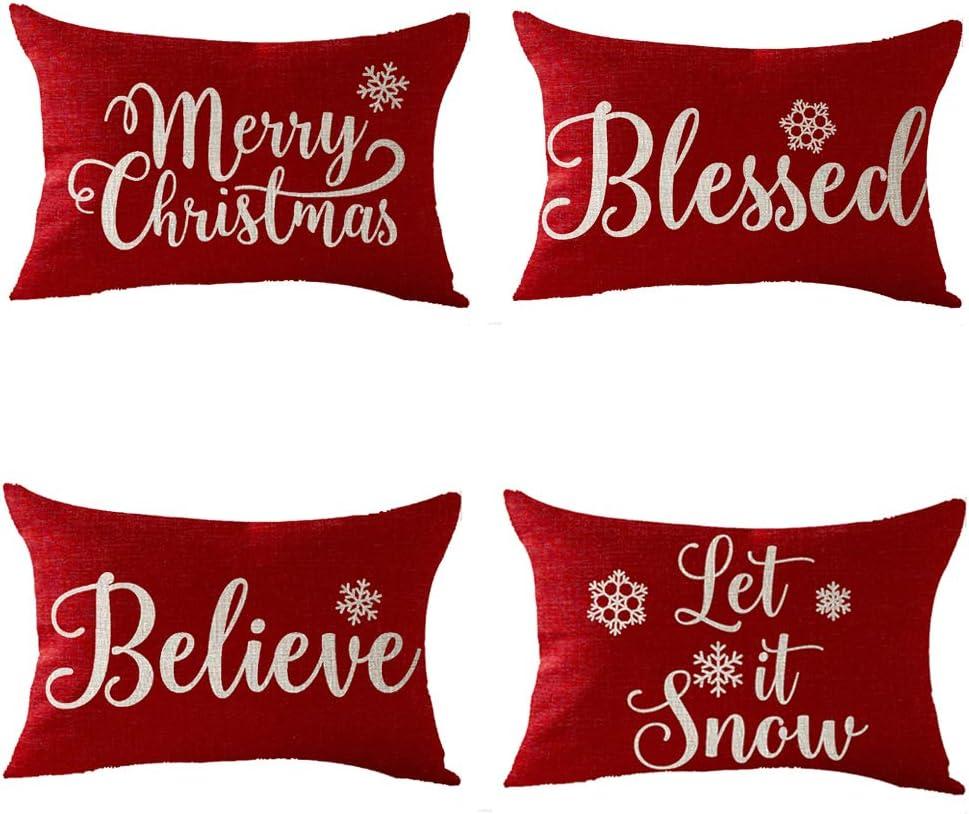 Happy Winter Merry Christmas Set of 4 Snowflake Blessed Believe Let It Snow Decorative Lumbar Throw Pillow Cover12X20 inches