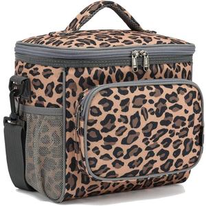 FlowFly Insulated Reusable Lunch Bag Adult Large Lunch Box for Women and Men with Adjustable Shoulder Strap,Front Zipper Pocket and Dual Large Mesh Side Pockets,Leopard