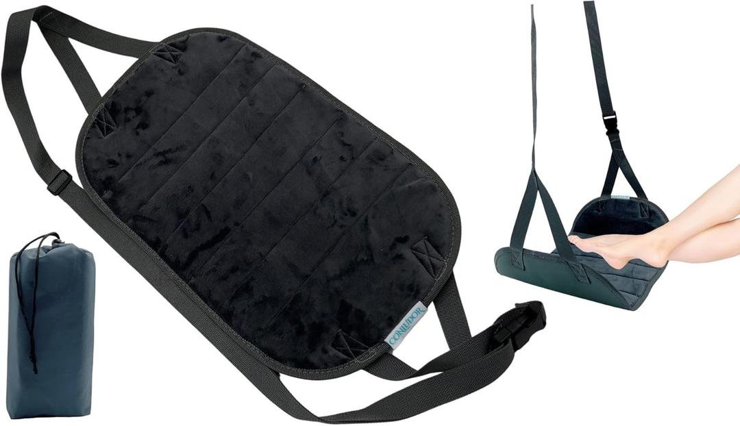 Footrest Velvet Hammock, Travel Essentials, Airplane, Under Desk, Office, Bus Leg Rest. Portable, Durable & Adjustable Provides Travel Comfort with Upgraded Size & Thickness (Grey) Gift